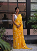 Yellow & White Buti Print Bagru Hand Block Printed Mul Cotton Saree With Blouse Piece
