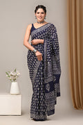 Mul Cotton Hand Block Printed Saree With Blouse Piece