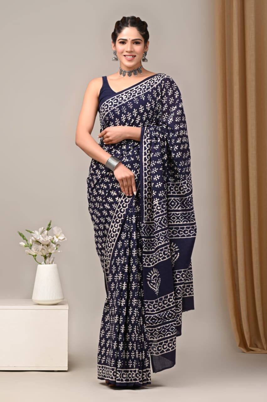 Mul Cotton Hand Block Printed Saree With Blouse Piece
