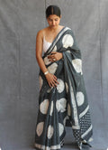 Charcoal Grey & Off-White Circular Motif Bagru Hand Block Printed Mul Cotton Saree With Blouse Piece
