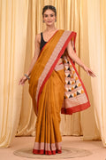 Mustard Yellow & Red Geometric Print Bagru Hand Block Printed Mul Cotton Saree With Blouse Piece