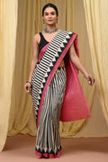 Pink & Black Striped Hand Block Printed Mul Cotton Saree With Blouse Piece