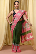 Pink & Olive Green Floral Motif Bagru Hand Block Printed Mul Cotton Saree With Blouse Piece