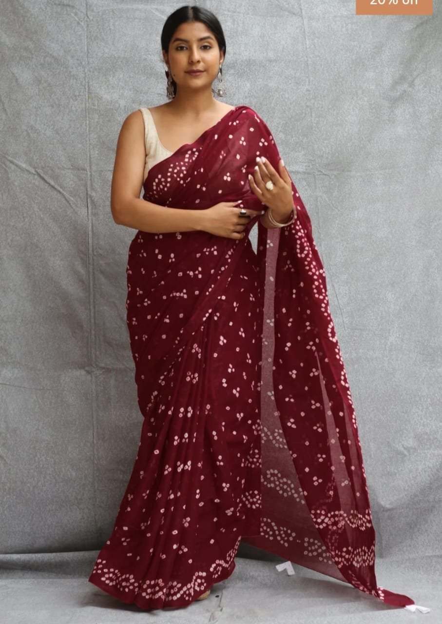 Mul Cotton Hand Block Printed Saree With Blouse Piece