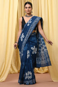 Indigo Blue & Off-White Floral Motifs Bagru Hand Block Printed Mul Cotton Saree With Blouse Piece