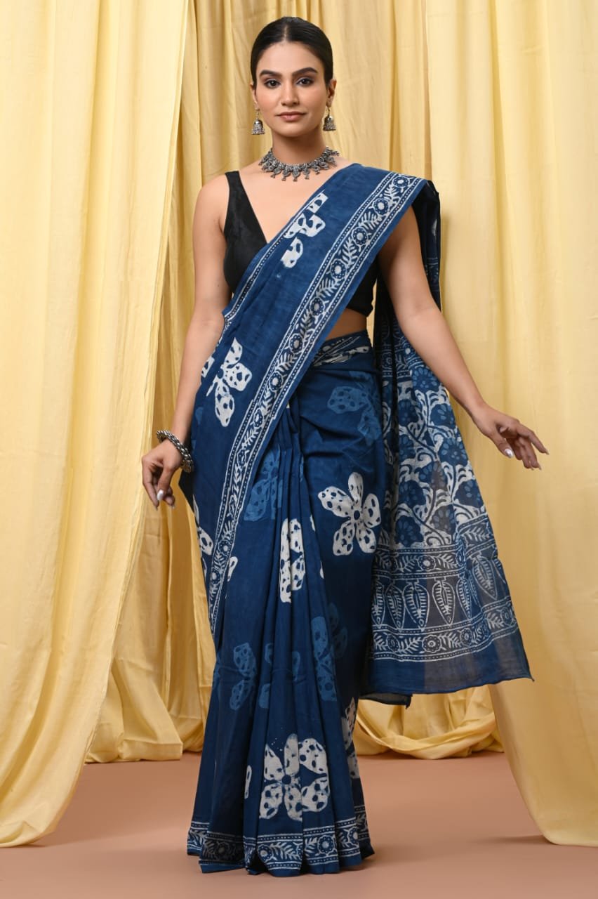 Mul Cotton Hand Block Printed Saree With Blouse Piece