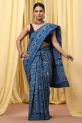 Indigo Blue & Off-White Geometric Motifs Bagru Hand Block Printed Mul Cotton Saree With Blouse Piece