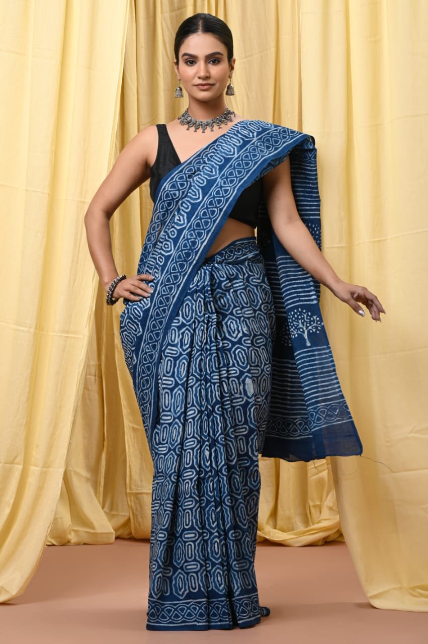 Mul Cotton Hand Block Printed Saree With Blouse Piece
