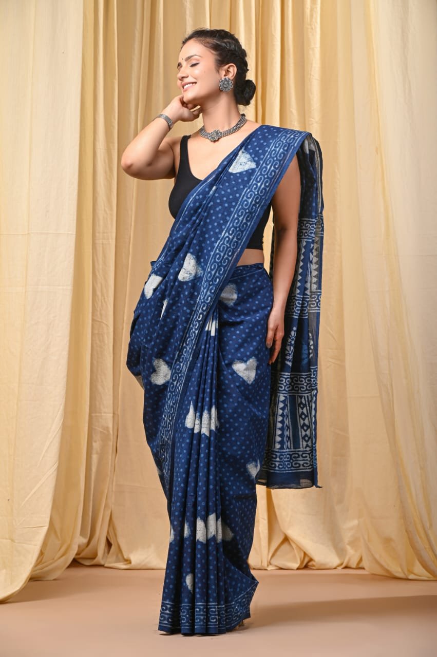 Mul Cotton Hand Block Printed Saree With Blouse Piece