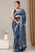 Mul Cotton Hand Block Printed Saree With Blouse Piece