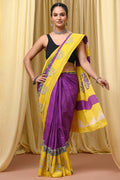 Yellow & Purple Floral Motif Bagru Hand Block Printed Mul Cotton Saree With Blouse Piece