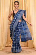 Indigo Blue & White Floral Motif Bagru Hand Block Printed Mul Cotton Saree With Blouse Piece