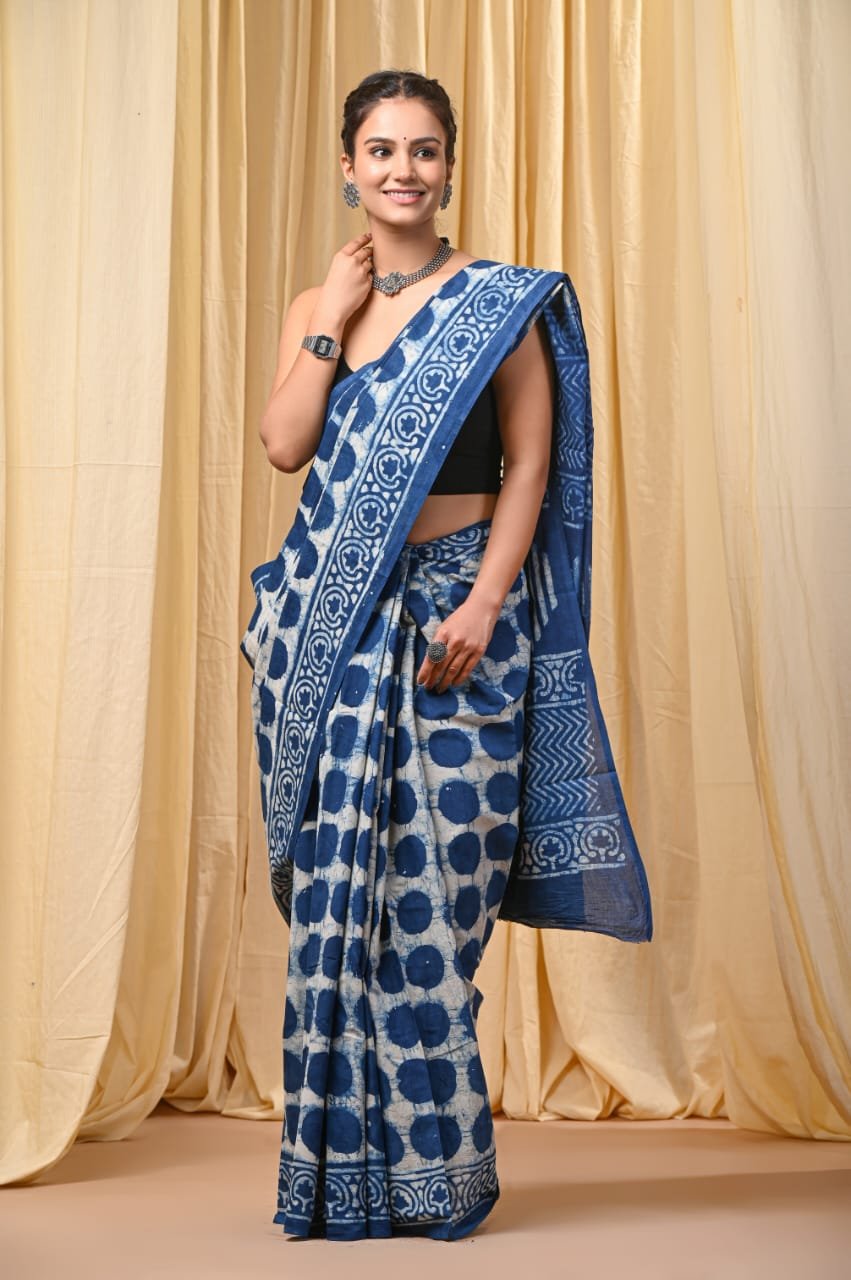 Mul Cotton Hand Block Printed Saree With Blouse Piece
