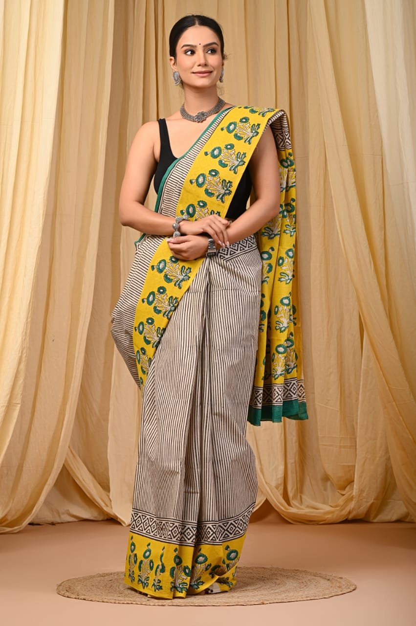 Mul Cotton Hand Block Printed Saree With Blouse Piece