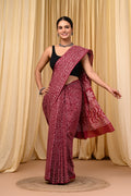 Maroon & Off-White Floral Jaal Hand Block Printed Mul Cotton Saree With Blouse Piece