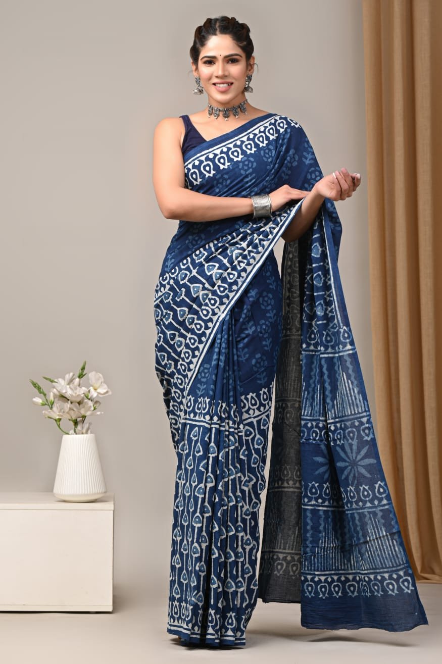 Mul Cotton Hand Block Printed Saree With Blouse Piece