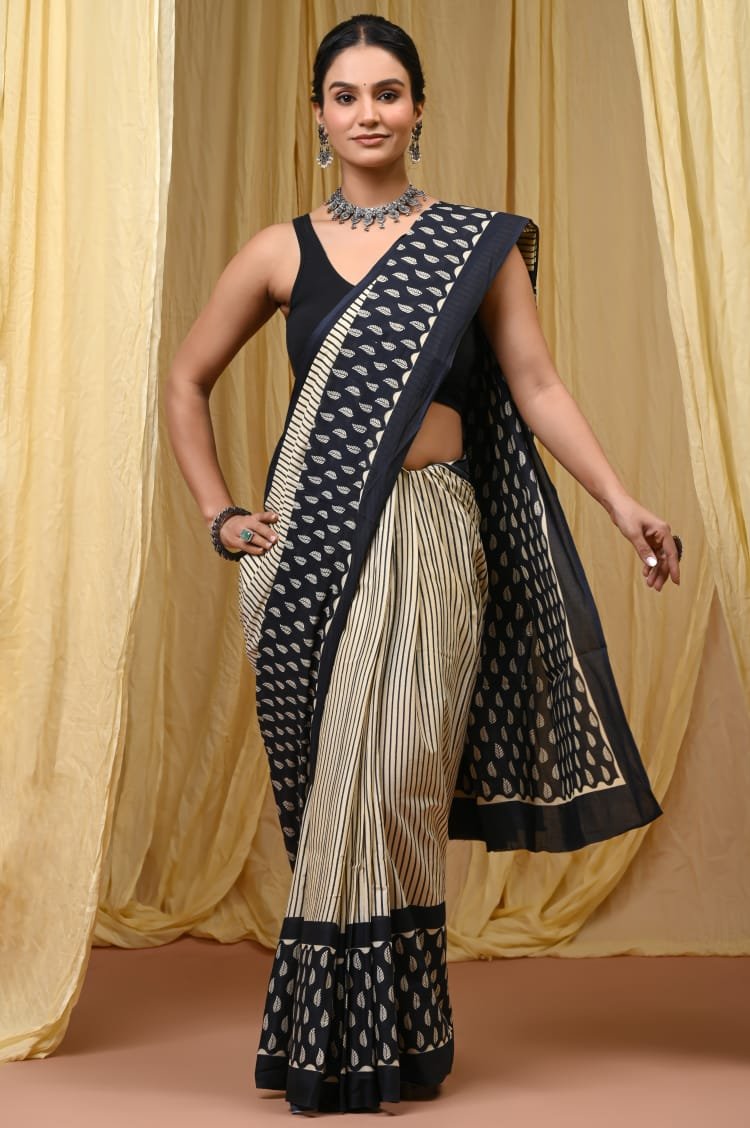 Mul Cotton Hand Block Printed Saree With Blouse Piece