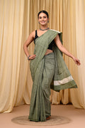 Olive Green & Cream Striped Bagru Hand Block Printed Mul Cotton Saree With Blouse Piece