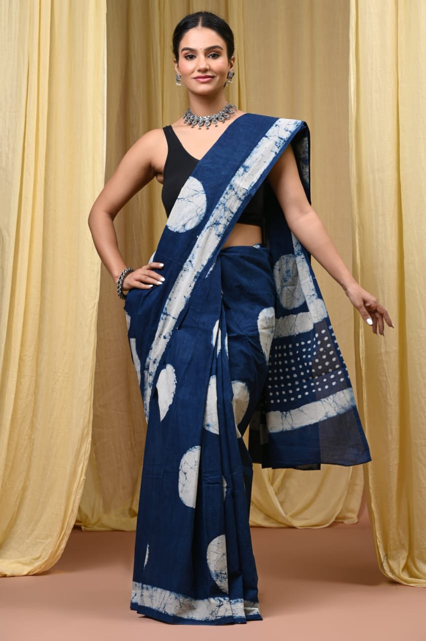 Mul Cotton Hand Block Printed Saree With Blouse Piece