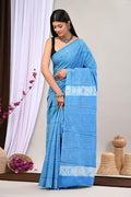 Sky Blue & White Striped Pattern Bagru Hand Block Printed Mul Cotton Saree With Blouse Piece