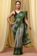 Olive Green & Off-White Floral Motif Bagru Hand Block Printed Mul Cotton Saree With Blouse Piece
