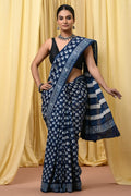 Indigo Blue & Off-White Elephant Motif Bagru Hand Block Printed Mul Cotton Saree With Blouse Piece
