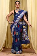 Indigo Blue & Off-White Geometric Block Print Mul Cotton Hand Block Printed Saree With Blouse Piece