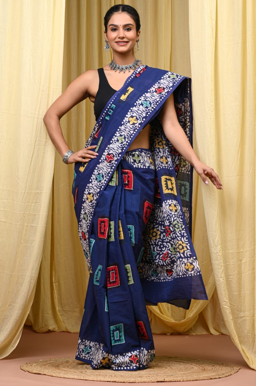 Mul Cotton Hand Block Printed Saree With Blouse Piece