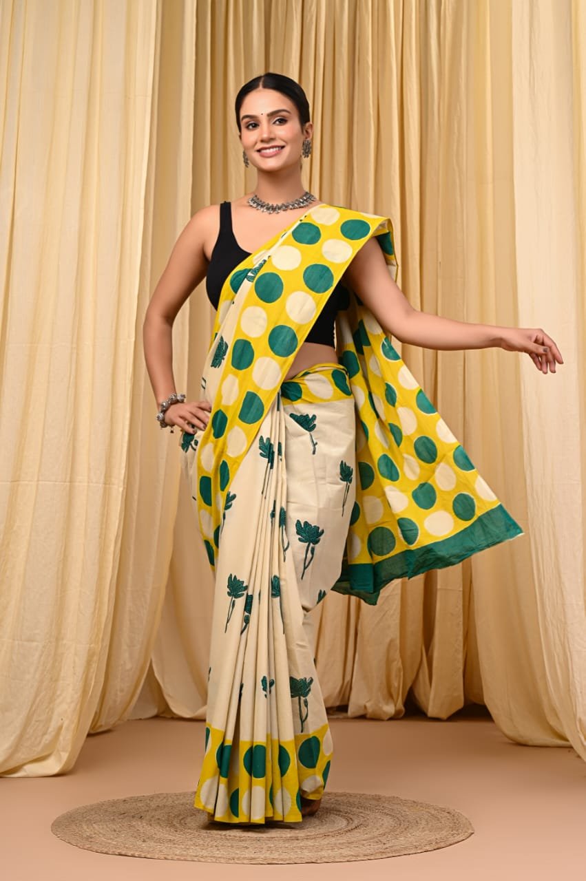 Mul Cotton Hand Block Printed Saree With Blouse Piece