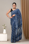 Indigo Blue & White Floral Jaal Bagru Hand Block Printed Mul Cotton Saree With Blouse Piece
