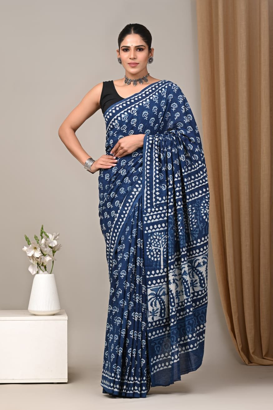 Mul Cotton Hand Block Printed Saree With Blouse Piece