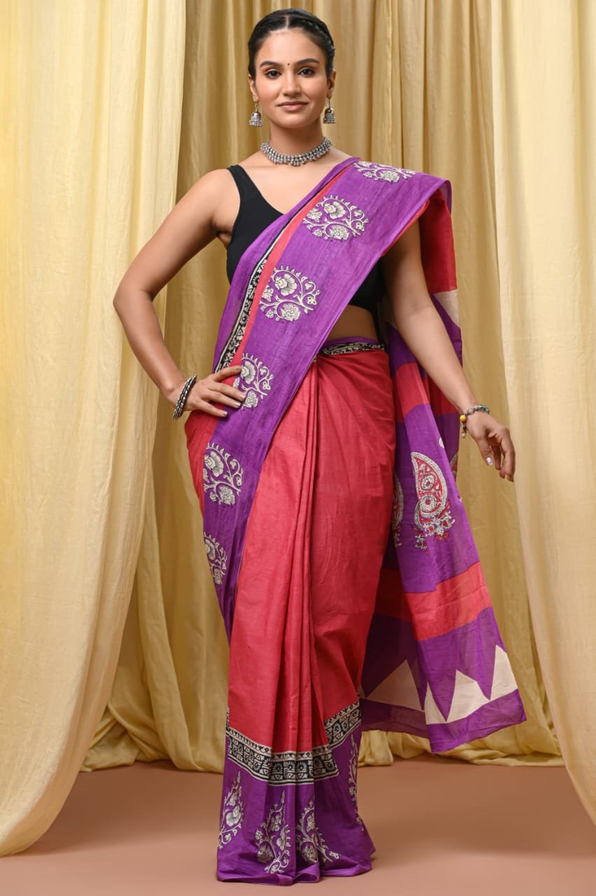 Mul Cotton Hand Block Printed Saree With Blouse Piece