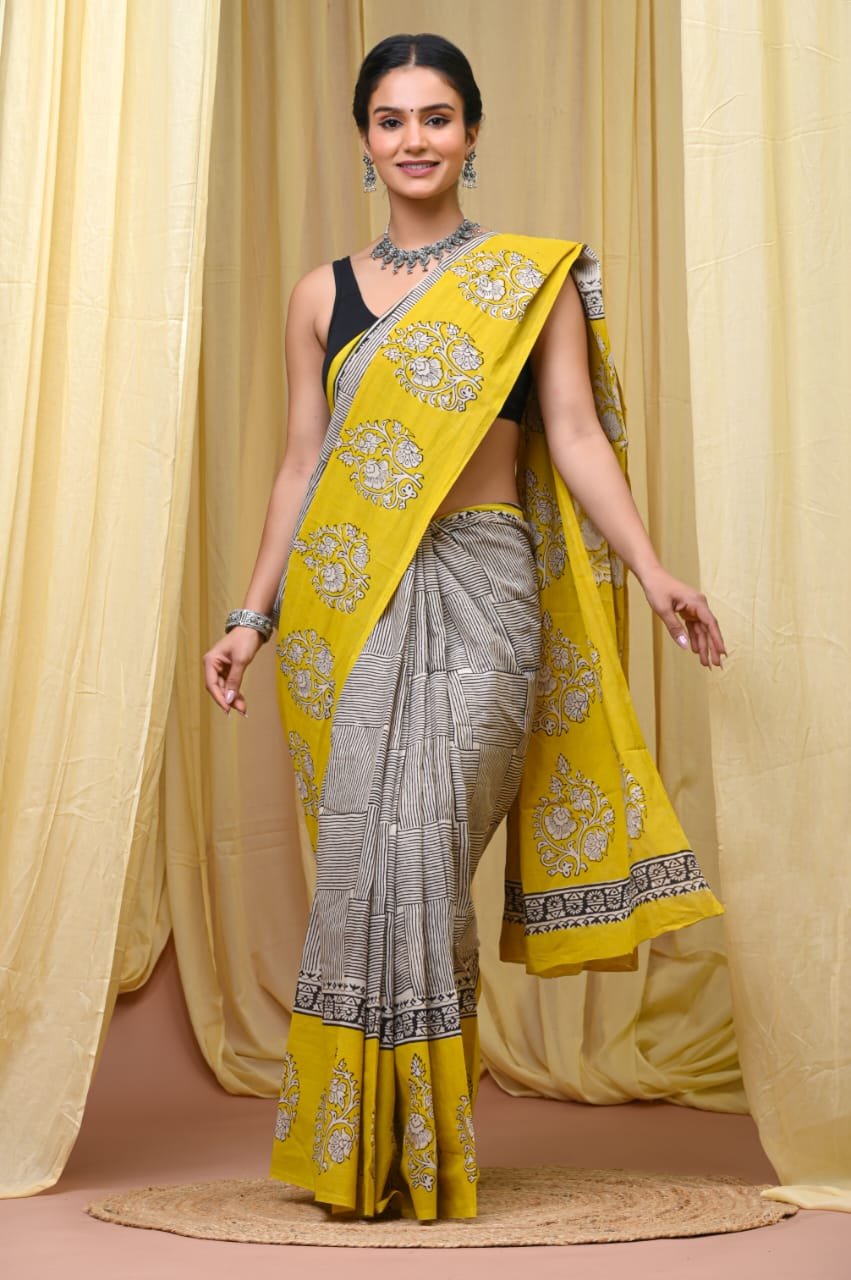 Mul Cotton Hand Block Printed Saree With Blouse Piece