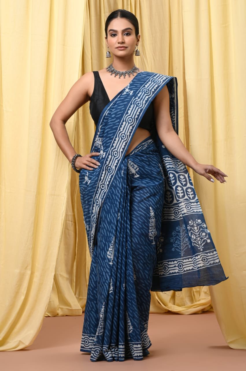 Mul Cotton Hand Block Printed Saree With Blouse Piece