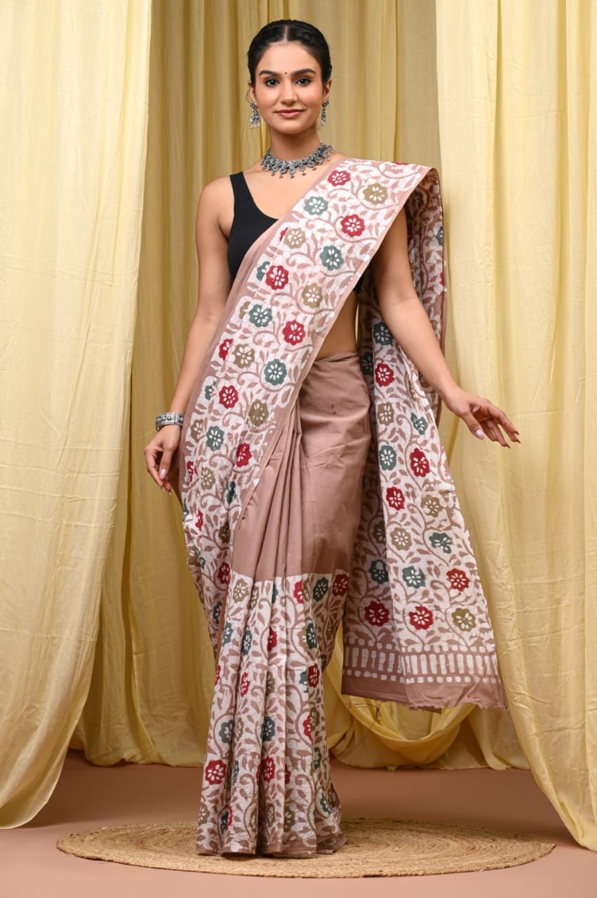 Mul Cotton Hand Block Printed Saree With Blouse Piece