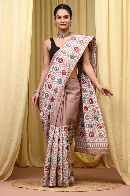 Beige & Off-White Floral Buti Bagru Hand Block Printed Mul Cotton Saree With Blouse Piece