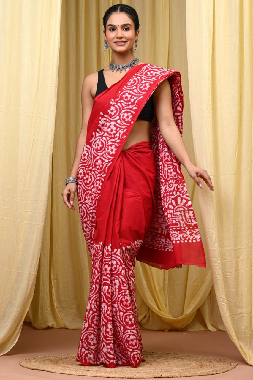 Mul Cotton Hand Block Printed Saree With Blouse Piece