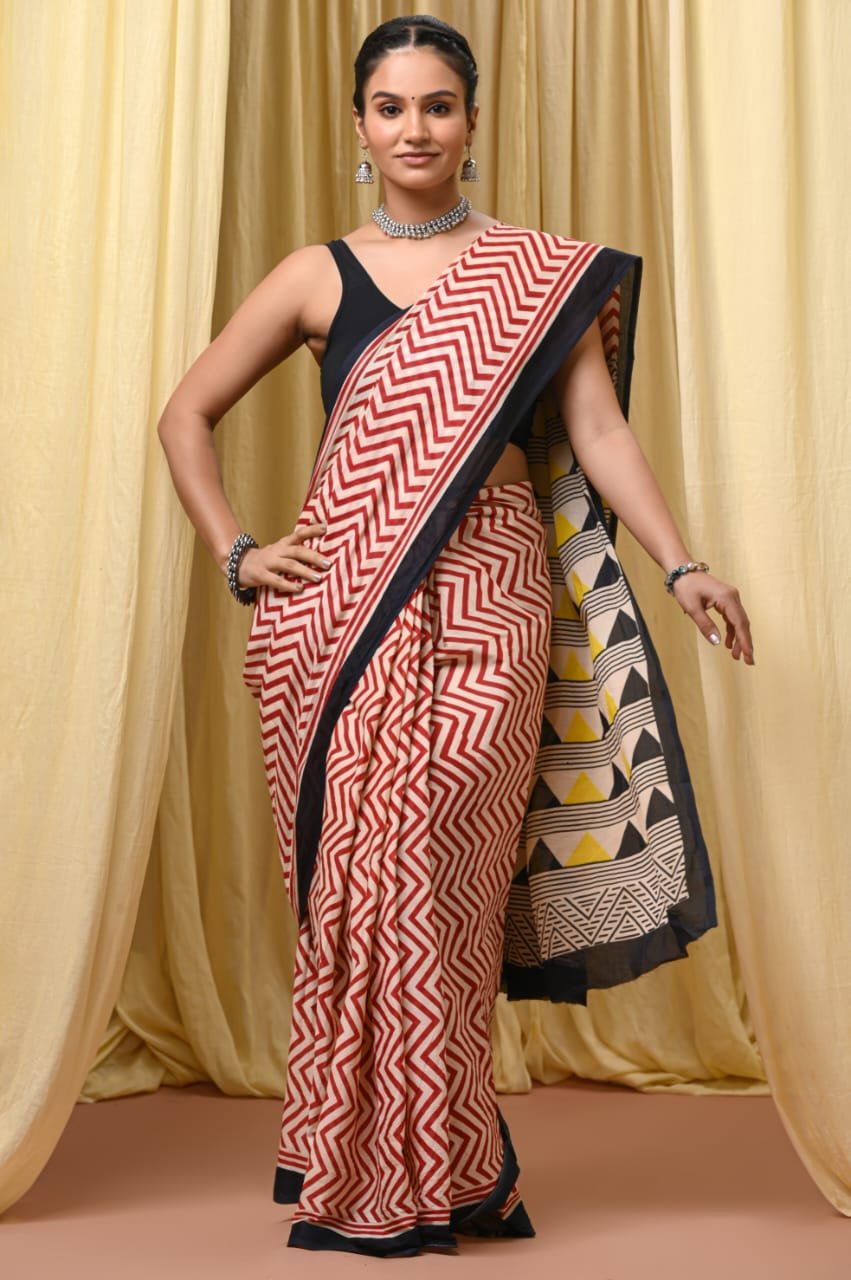 Mul Cotton Hand Block Printed Saree With Blouse Piece