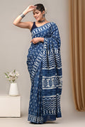 Mul Cotton Hand Block Printed Saree With Blouse Piece