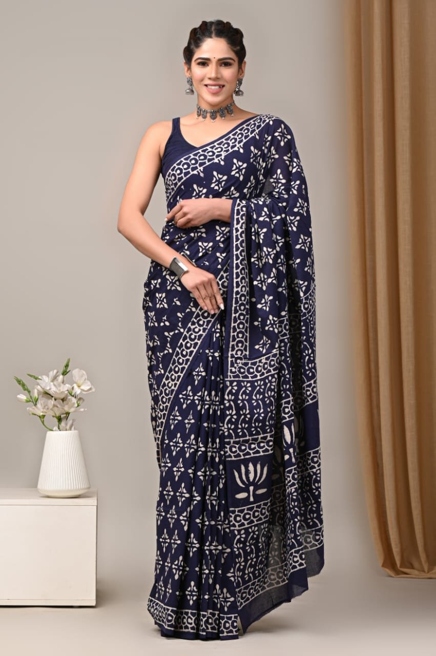 Mul Cotton Hand Block Printed Saree With Blouse Piece