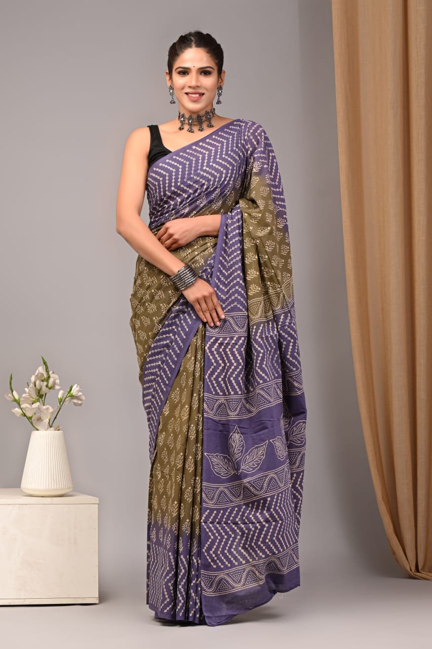 Mul Cotton Hand Block Printed Saree With Blouse Piece