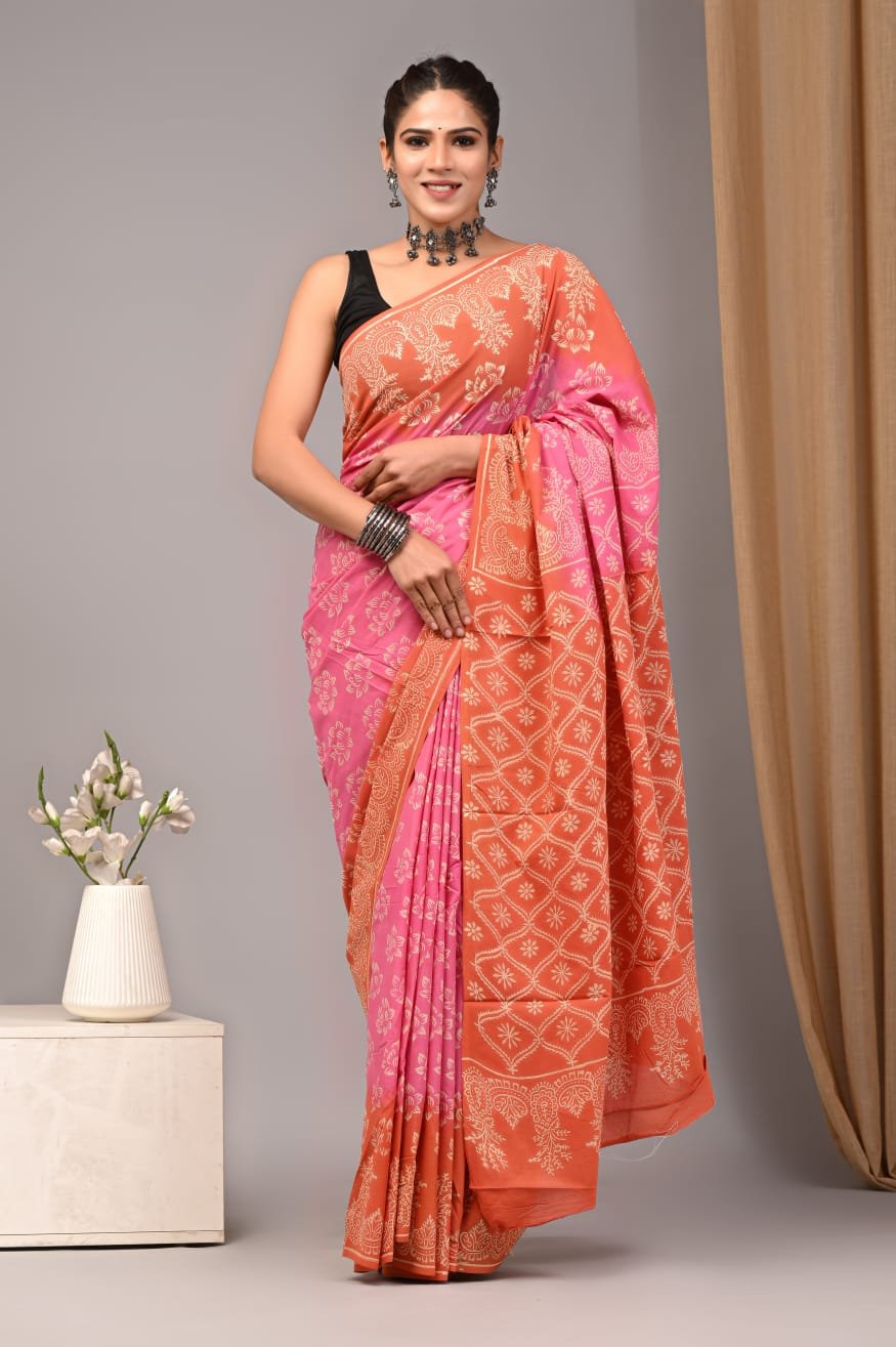 Mul Cotton Hand Block Printed Saree With Blouse Piece