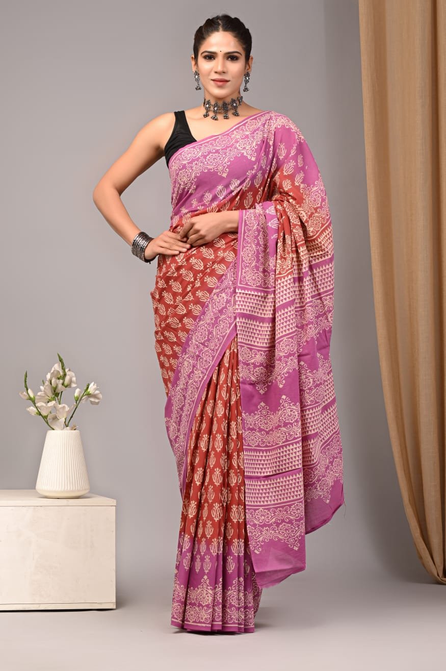 Mul Cotton Hand Block Printed Saree With Blouse Piece