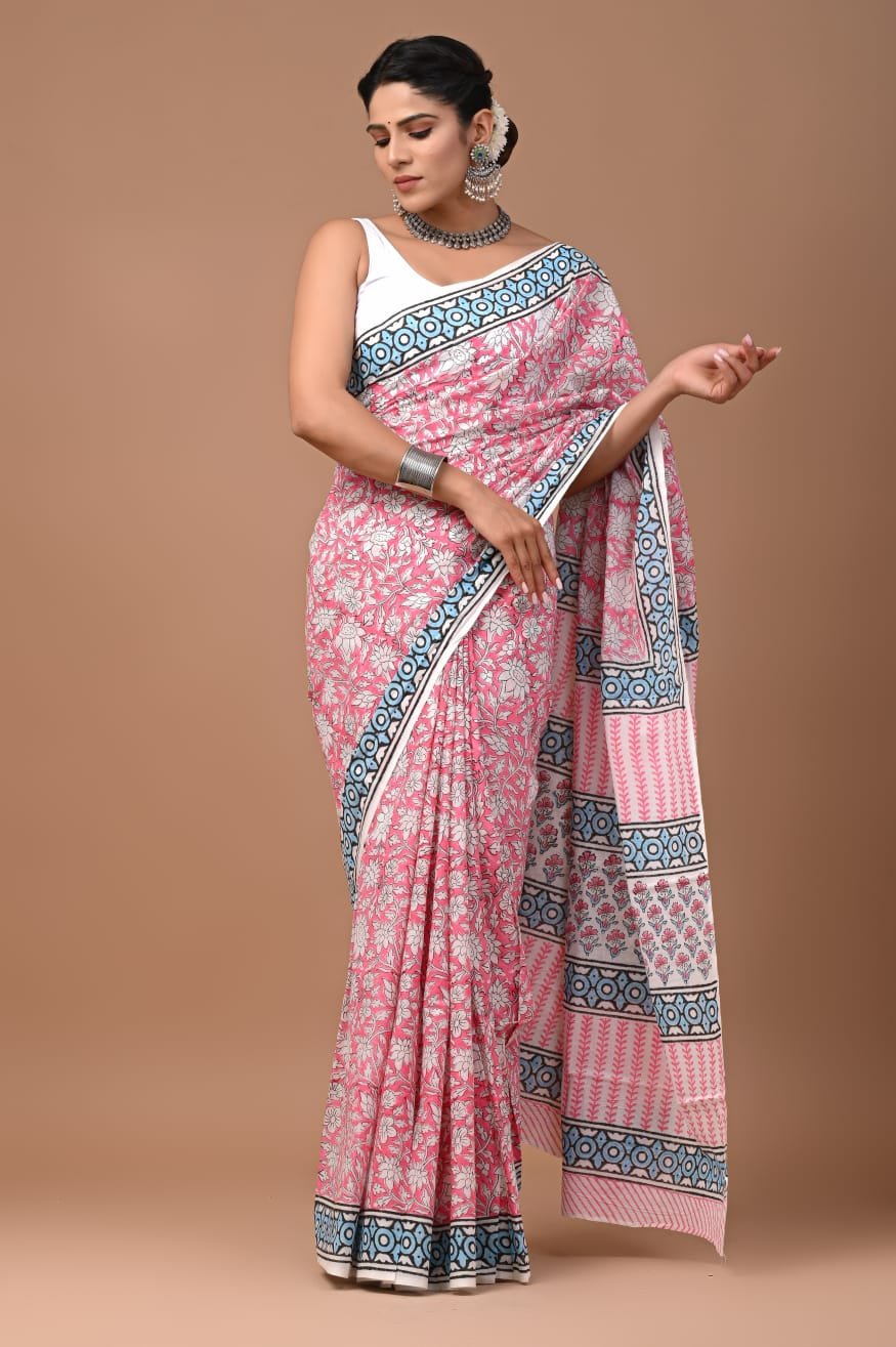 Mul Cotton Hand Block Printed Saree With Blouse Piece
