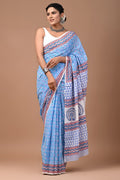 Sky Blue & Maroon Geometric Chevron Bagru Hand Block Printed Mul Cotton Saree With Blouse Piece