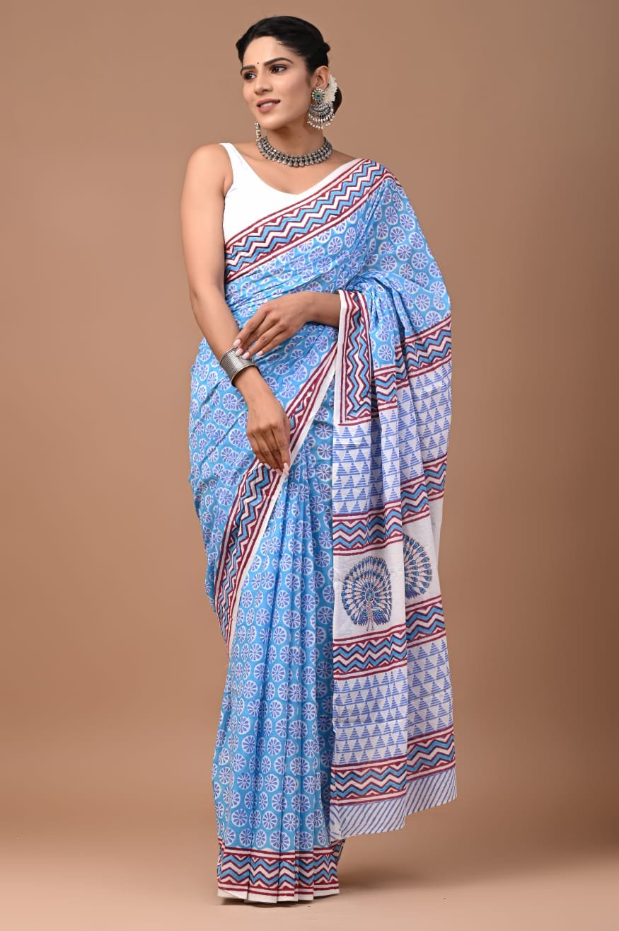 Mul Cotton Hand Block Printed Saree With Blouse Piece
