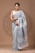 Grey & White Geometric Stripe And Buti Bagru Hand Block Printed Mul Cotton Saree With Blouse Piece
