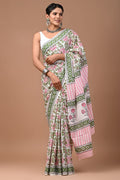 Pink & Green Floral Jaal Bagru Hand Block Printed Mul Cotton Saree With Blouse Piece