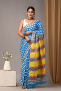 Blue & White Polka Dot Bagru Hand Block Printed Mul Cotton Saree With Blouse Piece