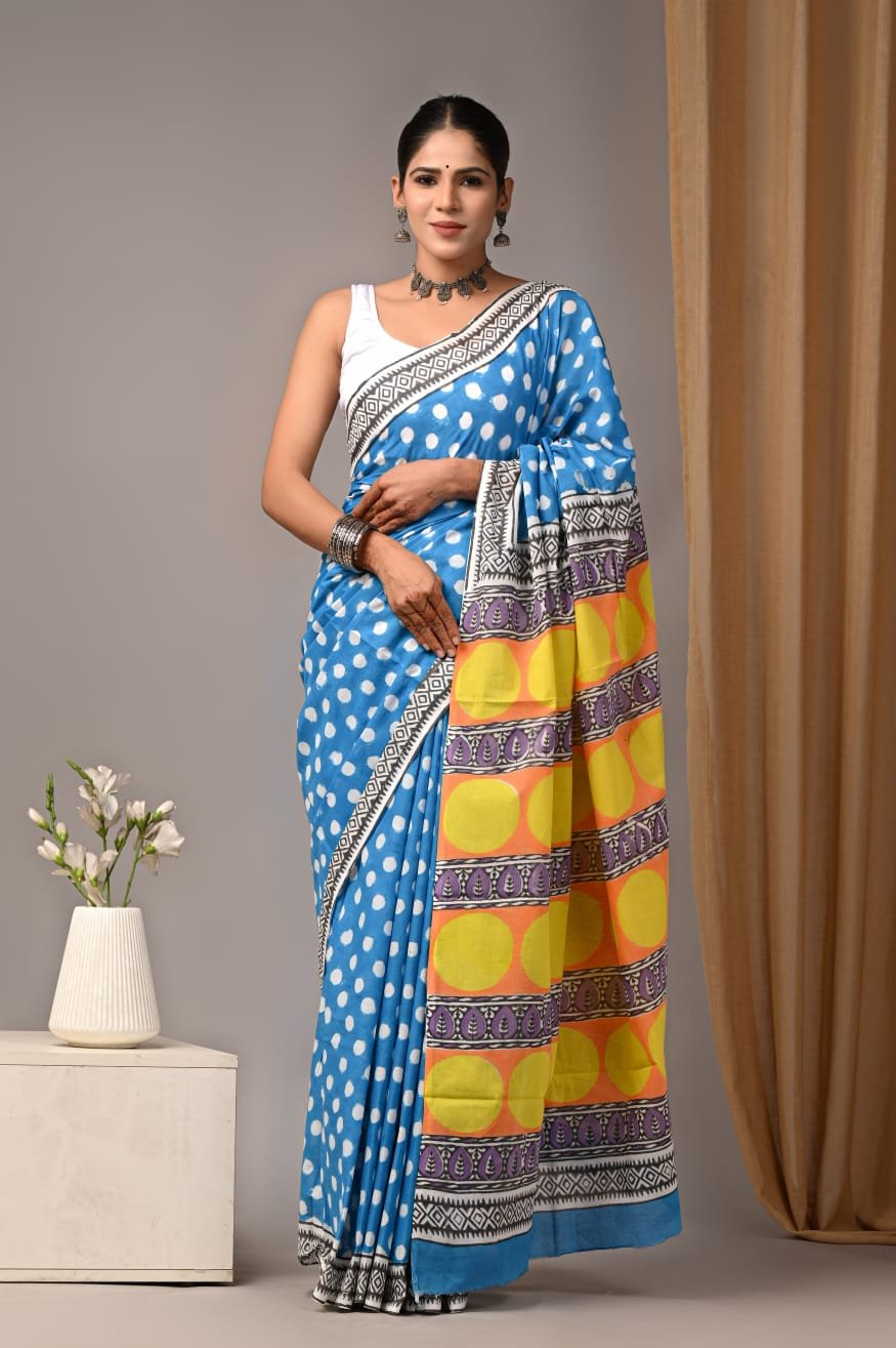 Mul Cotton Hand Block Printed Saree With Blouse Piece
